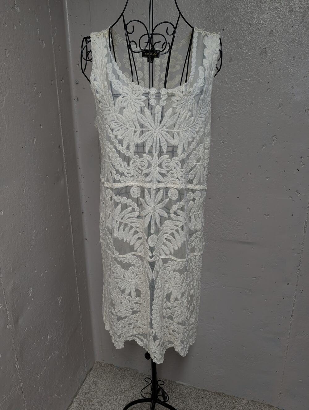 Cal Style Ivory Embroidered Sheer Mesh Lace Midi Dress Boho Bridal